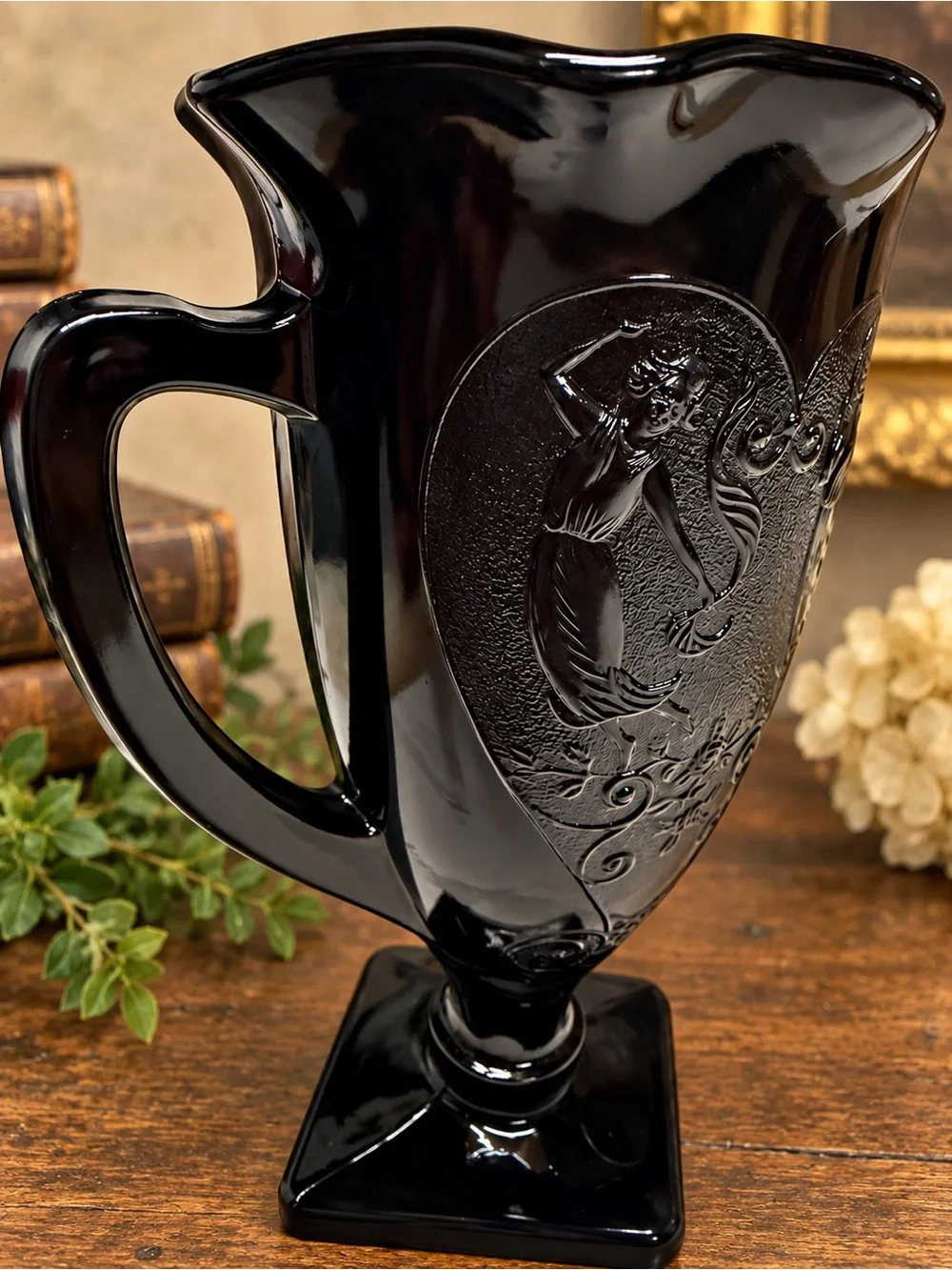 Vintage Black Amethyst Glass Double Handle Vase Urn Dancing Lady Art Deco